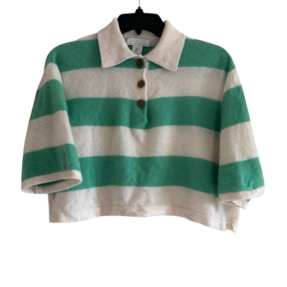 Rachel Zoe Tops - Rachel Zoe Women’s 100% Cashmere Striped Polo Sweater Cropped Green White Size